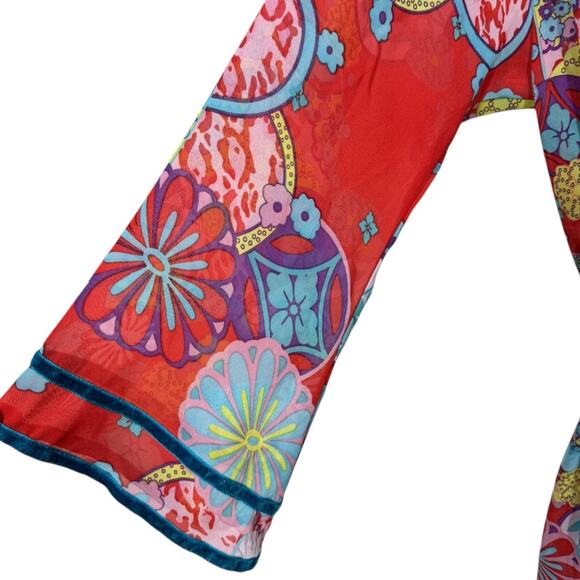 Josie Natori Nightgown Chemise Robe Two Piece Set Small Red Asian Floral Velvet - Picture 6 of 8